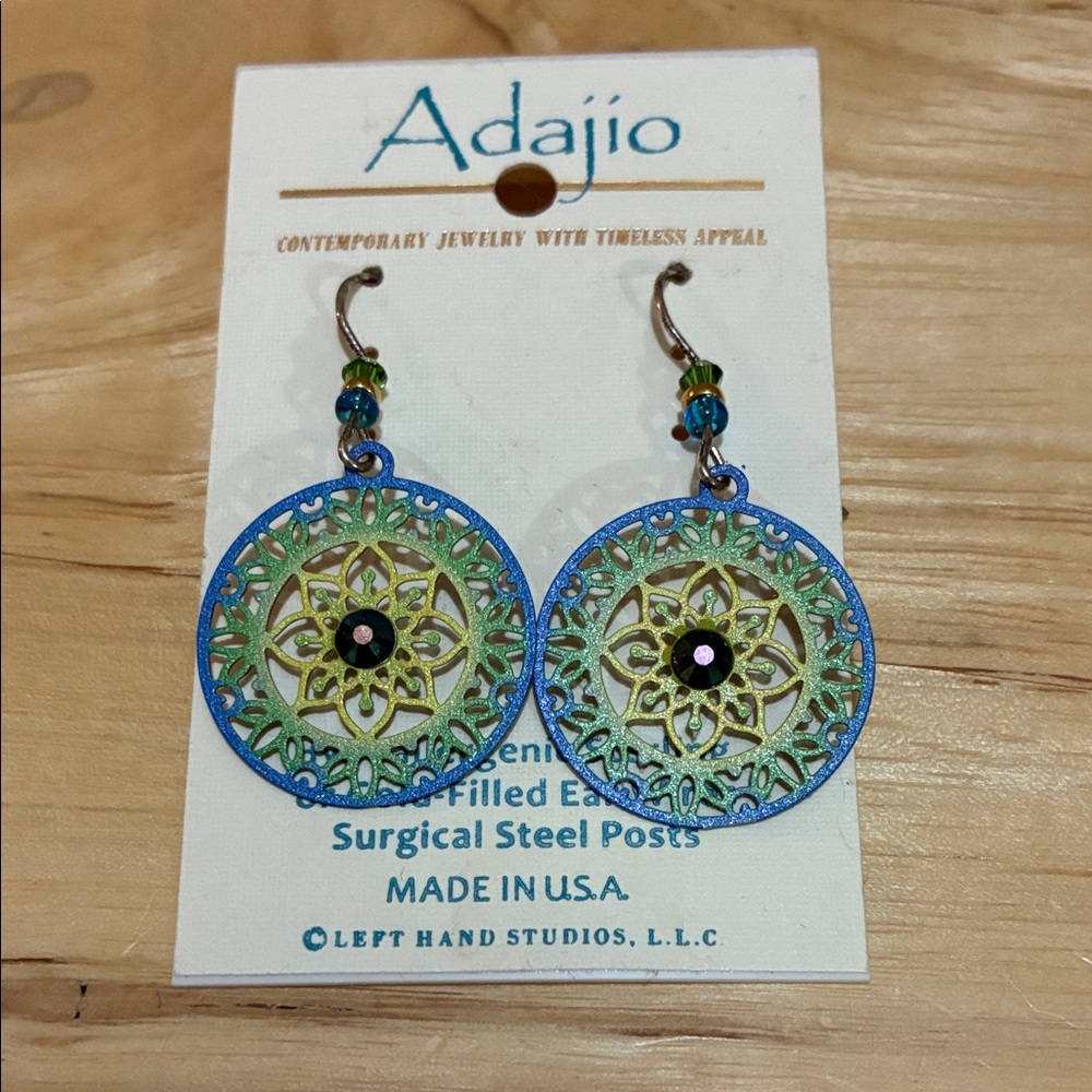 Adajio Blue, Green & Yellow Filigree Dangly Earrings With Stones